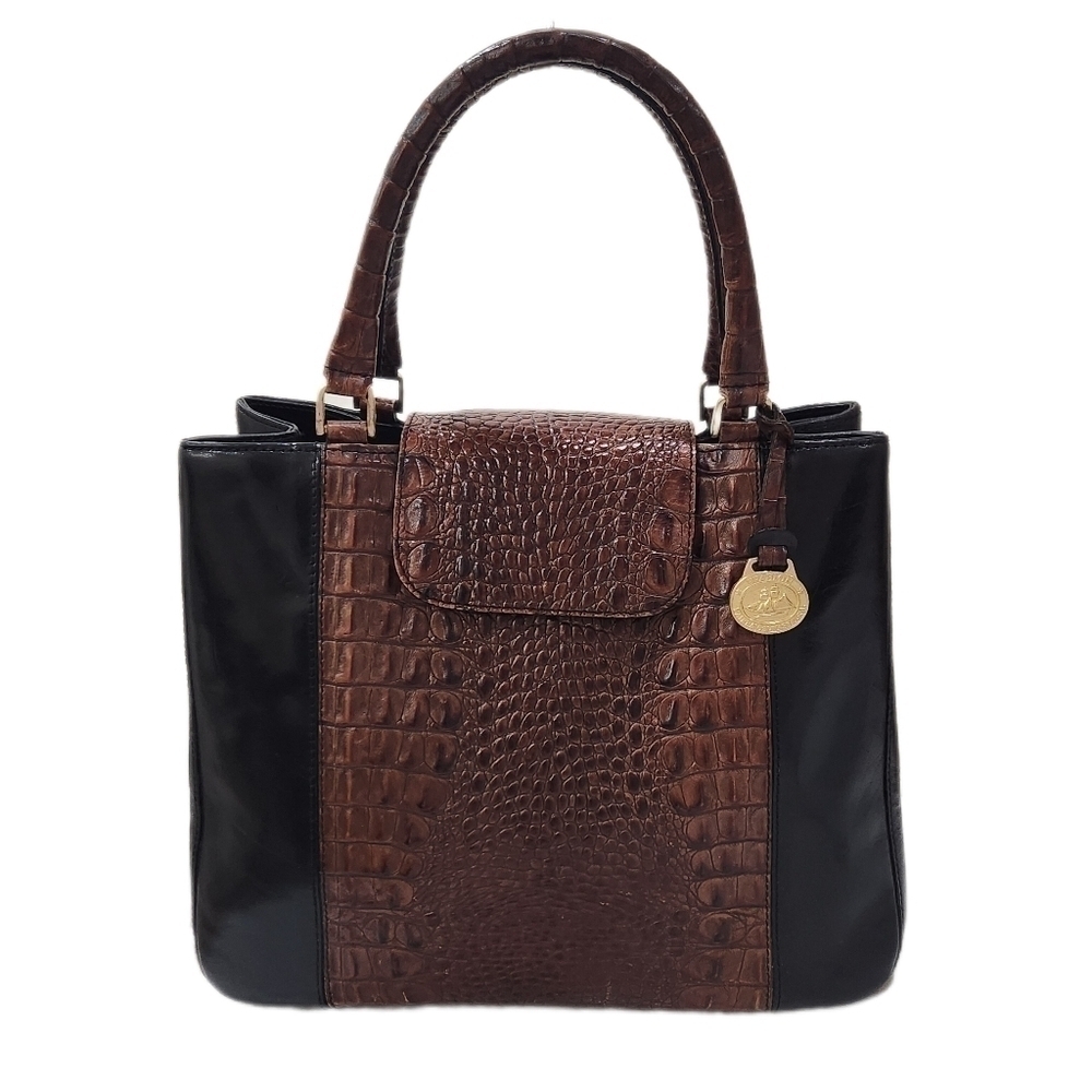 BRAHMIN Vintage Genuine Leather Croco Satchel Bag, Black/Brown, Women's OS - Picture 2 of 15